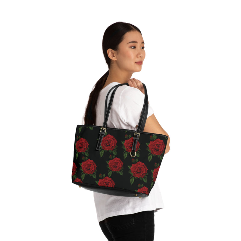 Floral PU Leather Shoulder Bag - Elegant Red Roses Design